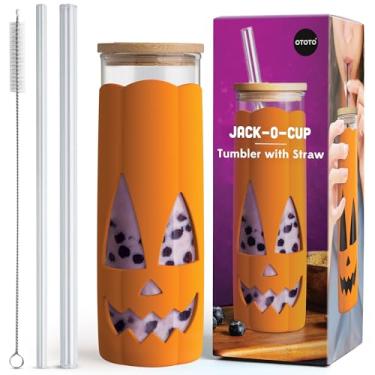 Imagem de OTOTO Copos de vidro Jack-o-Cup com tampa e canudos - Copo de café de vidro com canudos, Halloween, gótico, presentes de bruxa, xícaras de café gelado, copo de vidro com tampa de bambu