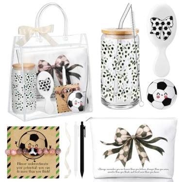 Imagem de Roshtia Presente de futebol de Natal, copo de vidro, bolsa de maquiagem, pulseira, mini escova de cabelo, espelho compacto, caneta esferográfica, cartão para mulheres, amantes de futebol, equipes