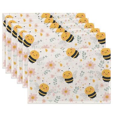 Imagem de Jogo americano de mesa, conjunto de 6 jogos americanos fofos de pano de abelha, tapetes de mesa resistentes ao calor com flores de primavera para decoração de cozinha e sala de jantar, tapetes de