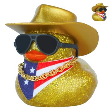 Imagem de FINEED Pato de borracha cowboy com chapéu dourado, óculos de sol, bandana e colar - decoração de painel de carro com glitter para adultos, presente divertido para alívio de estresse com almofadas