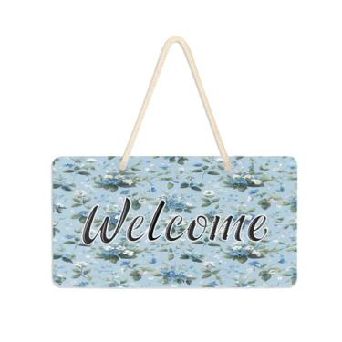 Imagem de Burbuja Placa de boas-vindas de flores azuis para porta da frente, placa de boas-vindas de PVC para decoração de férias, varanda de fazenda, 15 x 28 cm