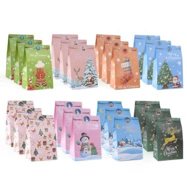 Imagem de Sacos de presente de papel de Natal – Pacote com 24 sacos Kraft com desenhos de Papai Noel, rena e boneco de neve, embalagem de presente portátil e reutilizável para festas de Natal, reuniões de