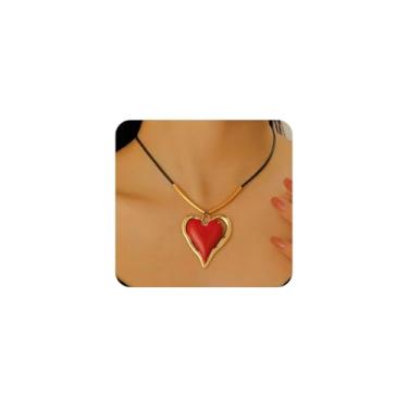 Imagem de Navirix Colar feminino de coração grande em ouro Y2k, corrente de couro exclusivo, grande, vermelho, com pingente de amor, acessórios de joias gargantilha exagerada, Large, Liga de aço, Sem Pedra