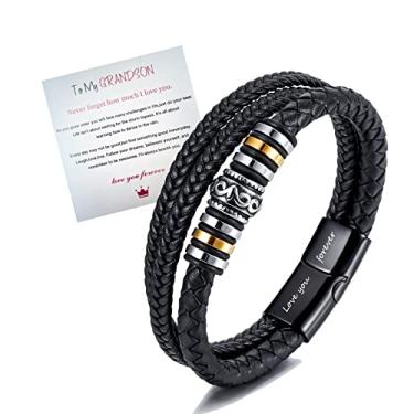 Imagem de CJIAYUJEW Pulseira masculina To My Son/To My Grandson, com fecho de aço inoxidável, pulseira de couro legítimo trançada multicamadas, pulseira inspiradora, pulseira masculina (21 cm), 8 3 inch, Couro,