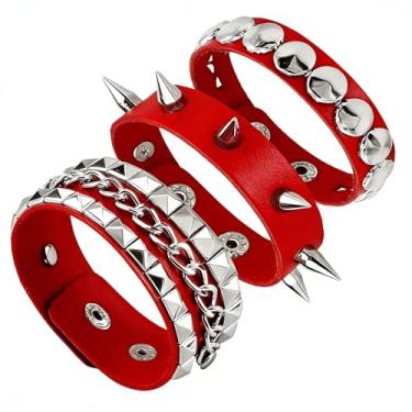 Imagem de Tosmifairy Conjunto de 3 pulseiras de couro cravejadas com punhos punk rock Y2K emo acessórios de pulseira larga para adolescentes mulheres e homens, One Size, Couro sintético, Sem Pedra Preciosa