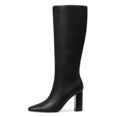 Imagem de femflame Botas de cano alto femininas de couro preto bico quadrado salto bloco grosso zíper lateral bota longa botas de panturrilha larga para mulheres, Preto, 39