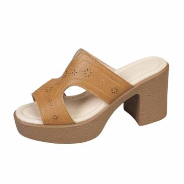 Imagem de Sandálias femininas casuais de verão com uma tira aberta e salto alto grosso, Caqui, 34