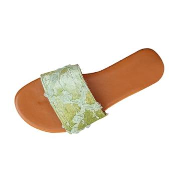 Imagem de Pantufas rasteiras femininas casuais de praia confortáveis de poliuretano superior de cabeça redonda salto muito baixo, Verde, 36