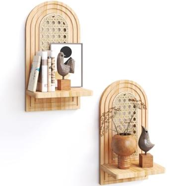 Imagem de Conjunto de 2 prateleiras flutuantes naturais de vime, 27 cm, decoração boho, prateleiras de madeira rústica, de vime, para exibição de estatuetas de plantas, prateleira de vime para sala de estar