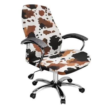 Imagem de Fiqyvagox Capa para cadeira de escritório de computador com estampa de vaca preta, marrom, branca, respirável, fácil de instalar, resistente a arranhões, capa protetora universal multifuncional para