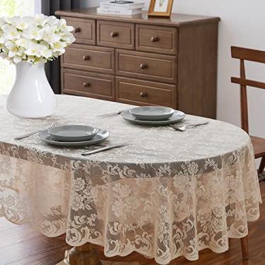 Imagem de ASATEX Toalha de Mesa Oval de Renda Dourada de Linho de 60x84". Padrão Floral Clássico e Elegante É A Escolha Ideal para Qualquer Sala de Jantar Luxuosa, Aniversário, Casamento Ou (84" X 60" (Oval))