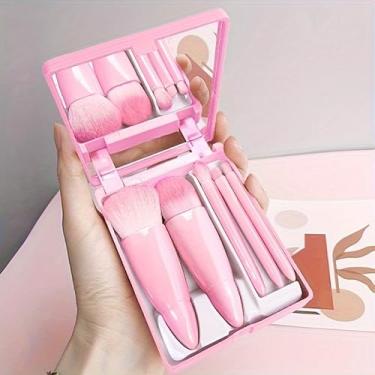 Imagem de Conjunto de pincéis de maquiagem femininos portáteis com espelho - Kit de cosméticos dobrável para viagem, mini conjunto de pincéis de maquiagem para presente de meninas (rosa)