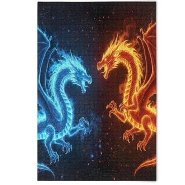 Imagem de Cartoon Dragons Blue Red Adult Jigsaw Puzzles 500 Pieces, Fun Silly Cool Puzzles for Adults Scenery Animal Art Decor, 500 Pieces, 20.5" x 14.9"