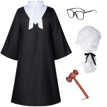 Imagem de Irtysh Robe de Halloween Juiz Advogado Unissex Adulto Festa Formatura Fantasia Cosplay Madeira Martelo Peruca Óculos Conjunto de Luvas (G)