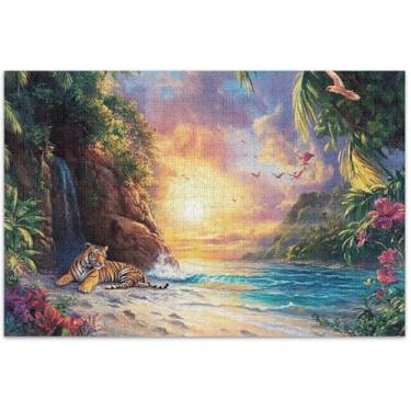 Imagem de Tigres pintura paisagem praia quebra-cabeça para adultos 500 peças divertido natureza boba quebra-cabeça brinquedo obra de arte, 20,5 x 14,9 polegadas