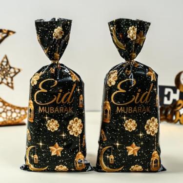 Imagem de 50 unidades de sacos de celofane Eid Mubarak, designs de lanterna dourada preta, sacos transparentes com laços torcidos, saco de doces Ramadan Kareem para presentes infantis, lembrancinhas de festa