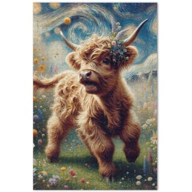 Imagem de Spring Highland Cattle Cow Cute Adults Puzzles 500 peças presentes para amantes de quebra-cabeça personalizado Hard Puzzle Pintura de paisagem, 51 x 35 centímetros