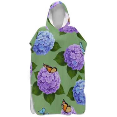 Imagem de Joisal Poncho de surfe verde com flores de hortênsia azul roxo para adultos trocador plus size ponchos femininos com capuz toalhas de banho de praia com capuz