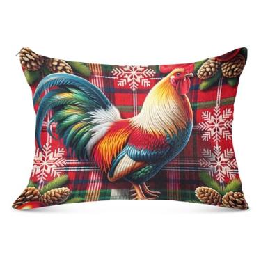 Imagem de Capa de almofada decorativa de flanela tartã vermelha de Natal galo padrão king queen size travesseiros corporais de cama macia premium, tamanho king, 50,8 cm x 101,6 cm