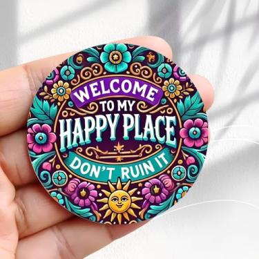 Imagem de Ímã de geladeira vintage Welcome Happy Place Design floral de placa solar - adesivo redondo acrílico de geladeira de 5,8 cm, presente de decoração retrô, tamanho perfeito para geladeira, armário ou