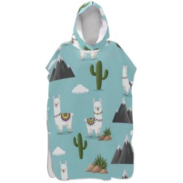 Imagem de Joisal Poncho de surfe leve trocador de roupão para toalha de banho com capuz Adul bonito bonito lhamas cacto azul adulto ponchos para mulheres