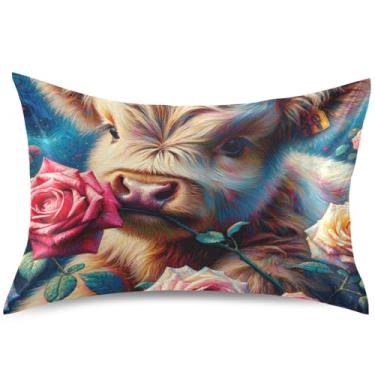Imagem de Capas de almofada de cetim de vaca highland floral rosa para cabelo padrão queen king size almofadas de resfriamento de desenho animado decoração de cama de casa, tamanho Queen, 76,2 cm x 50,8 cm