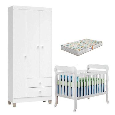 Imagem de Berço Americano Lila Com Colchão Gazin E Guarda Roupa Ternura Baby 3 Portas Branco Brilho - Incorplac
