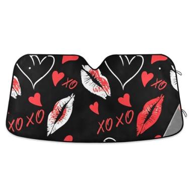 Imagem de Batom branco vermelho personalizado Kisses XOXO para-sol de carro para para-brisa persianas dobráveis de carros para janelas frontais floral automotivo M, 139,7 cm x 70,1 cm