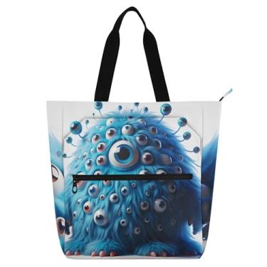 Imagem de GAIGEO Sacola azul engraçada monstro para crianças com zíper resistente à água bolsa escolar bolsa reutilizável lona trabalho tote