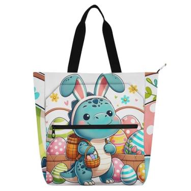 Imagem de GAIGEO Sacolas de trabalho de Páscoa engraçadas de dinossauro coelho para mulheres, bolsa escolar de lona com zíper, bolsas para professores, amantes de livros