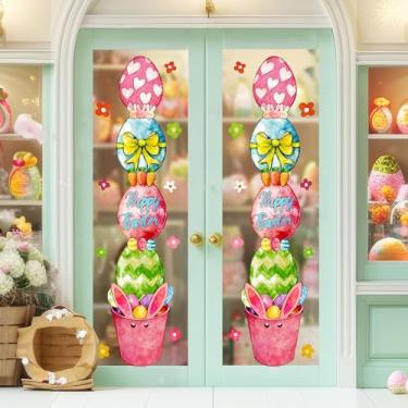 Imagem de FYSUIMU Adesivos de janela de ovo de páscoa adesivos de janela grande aquarela engraçado desenho animado ovo decoração reutilizável para festa de primavera loja casa sala de aula, 2 folhas