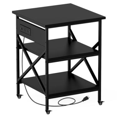 Imagem de TUMAN Pro Suporte de impressora grande com tomada elétrica e armazenamento, carrinho móvel de 3 níveis com rodízios de travamento 60 x 60 x 76 cm, home office, preto