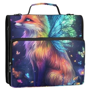 Imagem de Organizador básico de fichário com zíper, fichários de 3 cm, 3 anéis, resistente, arco-íris, raposa, borboleta e asas de borboleta, estojo com alça para fichários escolares com alça de ombro