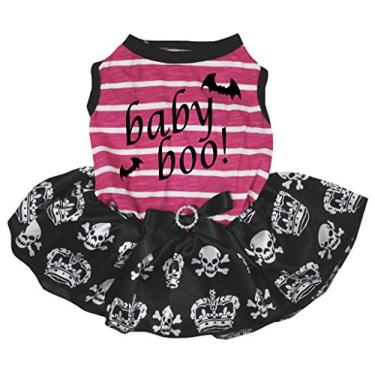 Imagem de Petitebella Camiseta Baby Boo rosa listrada preta caveira coroa tutu filhote de cachorro PP