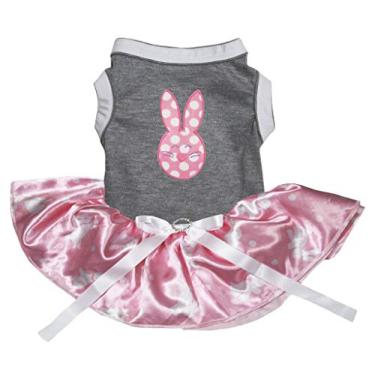 Imagem de Petitebella Vestido de cachorro com estampa de coelho de bolinhas (cinza/rosa com bolinhas de coelho, GG)
