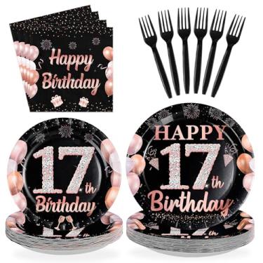 Imagem de Greencian 96 peças de decorações de aniversário de 17 anos para meninas, ouro preto e rosa, 17 pratos e guardanapos, descartáveis, ouro rosa, conjunto de utensílios de mesa para meninas de 17 anos