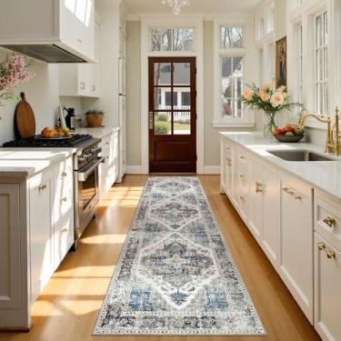 Imagem de jinchan Tapete de corrida 7 x 25 cm, estampa vintage, leve, cinza, lavável, antiderrapante, elegante retrô para corredor, tapete longo para cozinha, sala de jantar, lavanderia