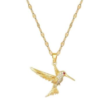 Imagem de Dtja Colar feminino com pingente de pássaro voador de cristal, banhado a ouro, zircônia cúbica, beija-flor, animal, gargantilha ajustável, elegante, joia de aniversário de casamento, 45,7 cm