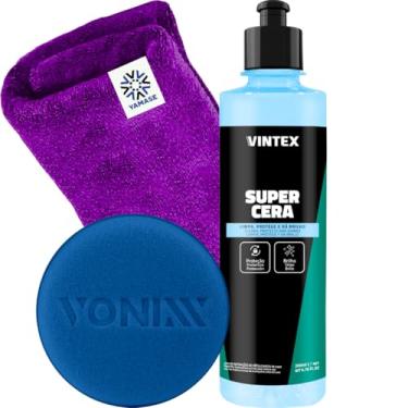 Imagem de Kit Super Cera Automotiva Vintex Limpa Protege Renova 200g Aplicador Vonixx Pano Yamase