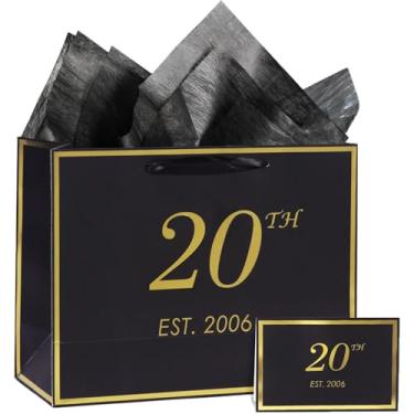Imagem de momoake Bolsa de presente de aniversário de 20 anos com cartão e papel de seda para homens e mulheres, 2006 20 anos de idade 33 cm elegante ouro preto lembrança festa presente compras sacos de papel