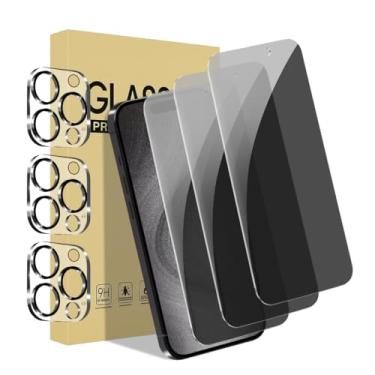 Imagem de Pacote com 3 protetores de tela de privacidade para iPhone 15 Pro Max [6,7 polegadas] + 3 protetores de lente de câmera com moldura de instalação, compatível com ilha dinâmica, vidro temperado