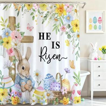 Imagem de Mocsicka Cortina de chuveiro de Páscoa He is Risen Cross Easter Eggs Bunny cortina de chuveiro de tecido impermeável primavera férias cortinas de chuveiro decoração de banheira com 12 ganchos 182 x