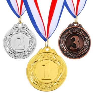 Imagem de Aphumedc Medalhas de 1º 2º 3º lugar, mini medalhas de metal para competições escolares de futebol Pickleball, prêmios de bronze dourado e prata com fita vermelha, branca e azul para crianças
