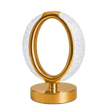 Imagem de Luminária de Mesa LED Oval com USB, Dourado Metálico, Acrílico Texturizado, 3 Temperaturas de Cor, 21cm x 10cm, Recarregável, Design Contemporâneo