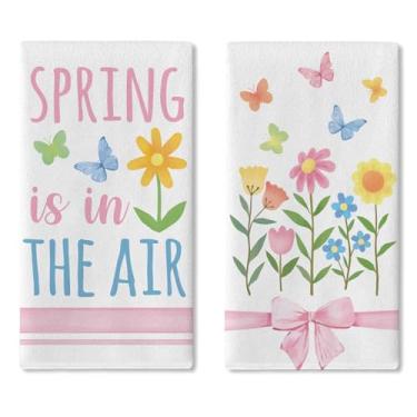 Imagem de Croar Conjunto de 2 panos de prato de cozinha florais Spring is in The Air, toalha de mão de secagem de borboleta em aquarela, pano de cozinha, laço rosa, decoração de casa de banho, 45 x 66 cm