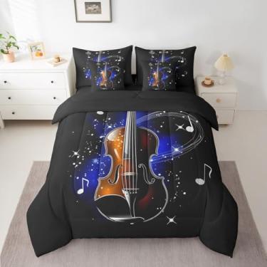 Imagem de jejeloiu Conjunto de edredom de 7 peças, solteiro, com tema de música clássica, para crianças, meninos e meninas, cama musical retrô em uma bolsa com edredom, fronhas, lençol de cima, lençol com