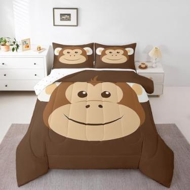 Imagem de Jogo de cama queen de macaco fofo, desenho animado, animal, 3 peças, para decoração de quarto de crianças, meninas, meninos, adolescentes, conjunto de colcha marrom macio, símbolos geométricos