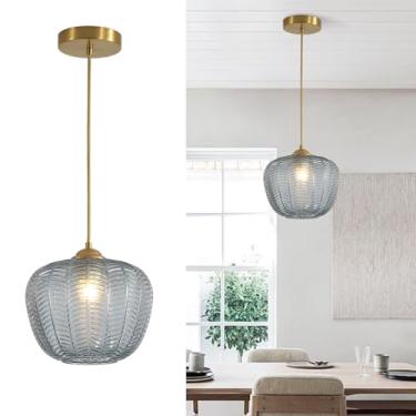 Imagem de Luminária pendente estilo globo moderna de meados do século XX, com acabamento em dourado escovado; Luminária pendente pequena em vidro fumê; Luminária de teto vintage em vidro listrado; Lum