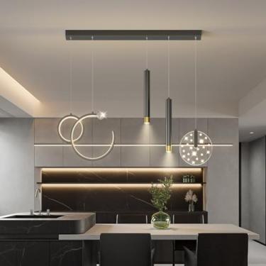 Imagem de Luminária pendente moderna de LED, com intensidade regulável, para mesa de jantar, com controle remoto, ideal para sala de estar, cozinha, sala de jantar ou escritório (preta).
