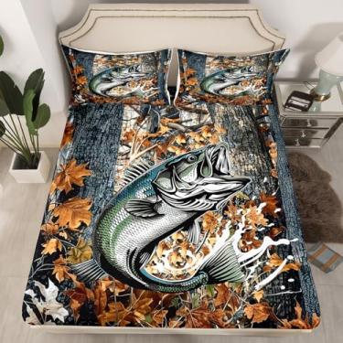 Imagem de Feelyou Jogo de lençol casal camuflado de caça de peixe, vida marinha, camuflagem, peixe, verde, branco, laranja, bolso profundo (sem lençol superior), 3 peças com 2 fronhas